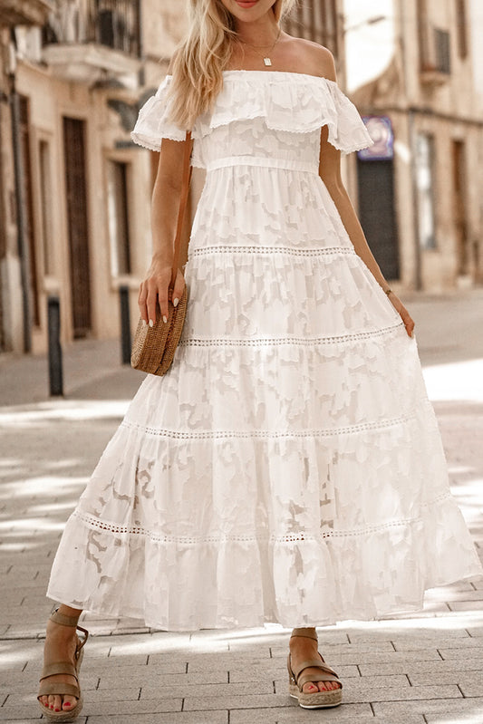 White Off-the-shoulder Ruffled Lace Maxi Dress White 100%Polyester Maxi Dresses JT's Designer Fashion