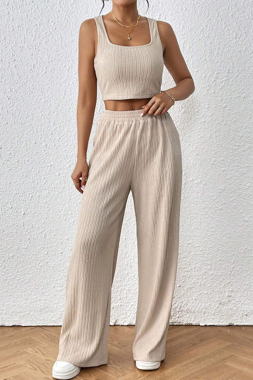 Pale Khaki Textured Crop Tank Top and Wide Leg Pants Set Bottoms JT's Designer Fashion