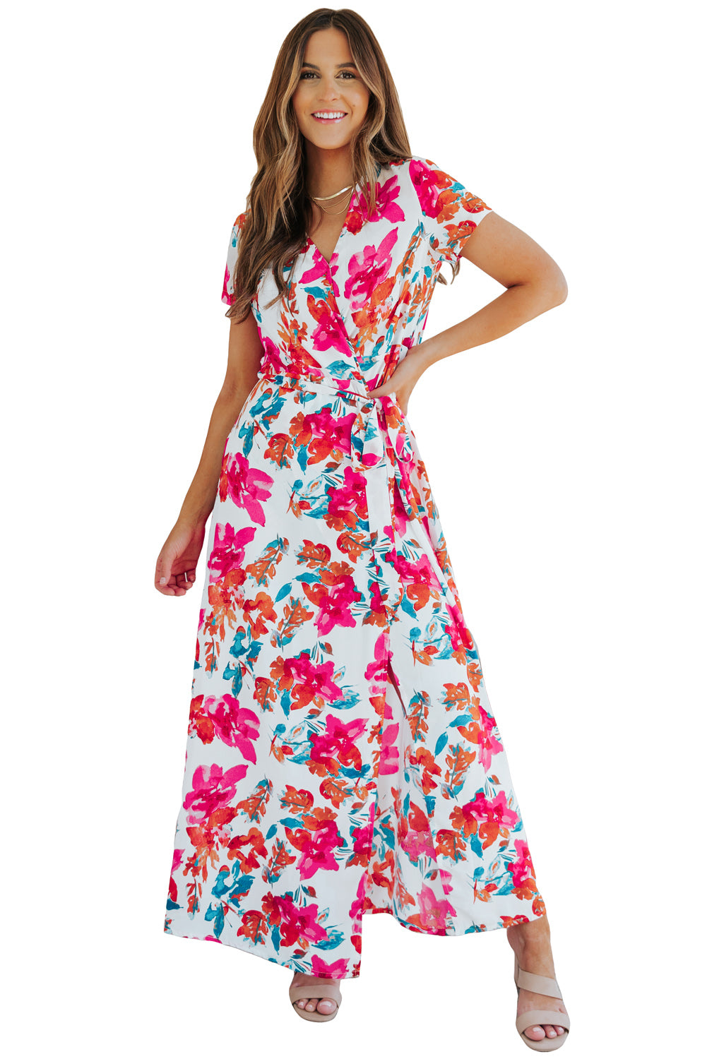 Rose Wrap V Neck Short Sleeve Floral Maxi Dress Floral Dresses JT's Designer Fashion