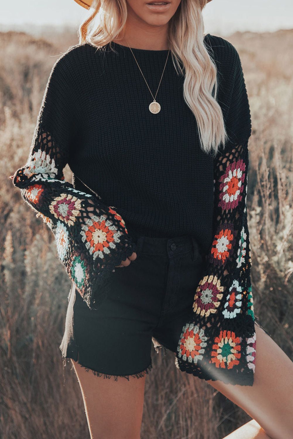 Black Floral Crochet Bell Sleeve Loose Sweater Pre Order Sweaters & Cardigans JT's Designer Fashion