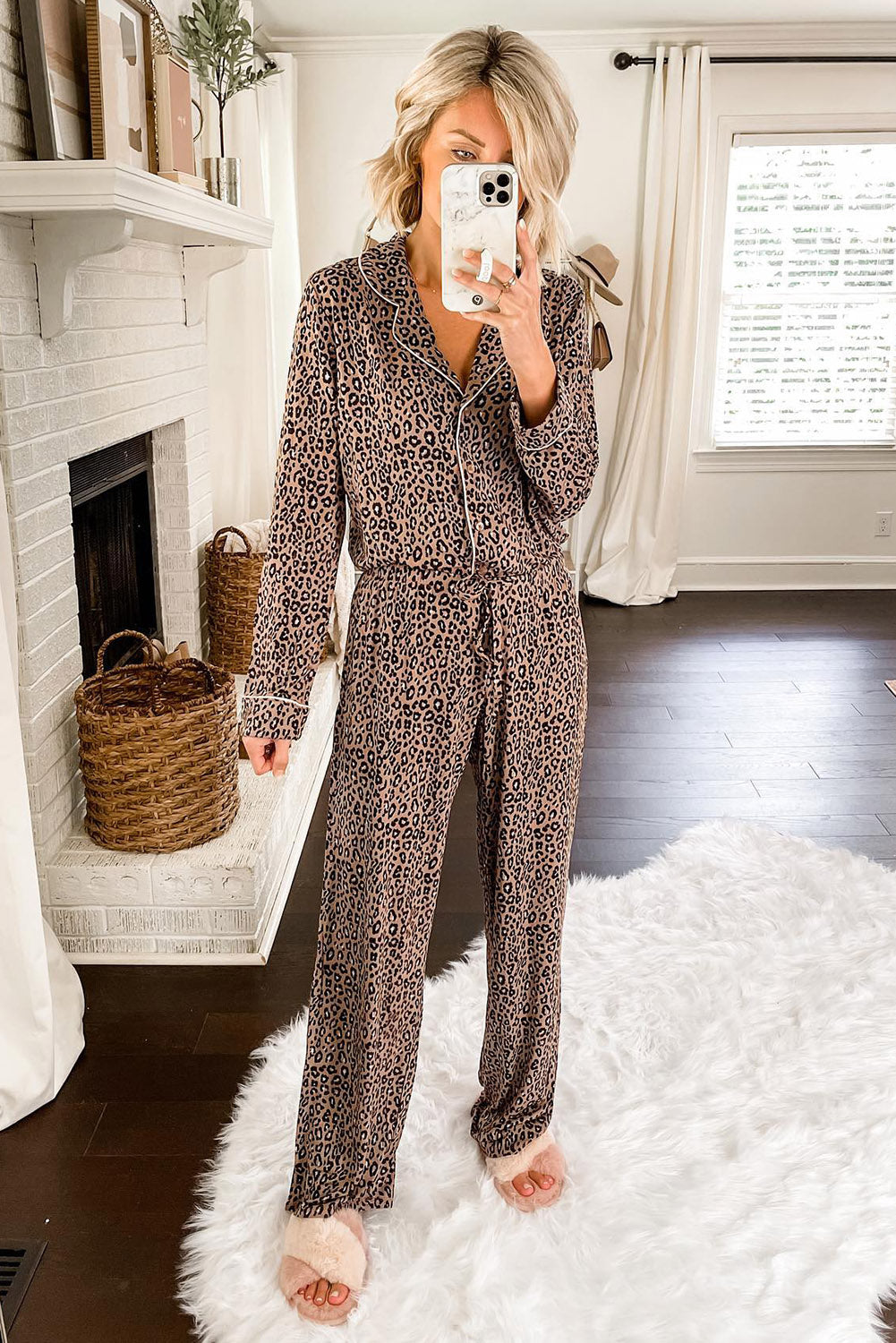 Leopard Animal Print Long Sleeve Lapel Neck Shirt and Pants Lounge Set Loungewear JT's Designer Fashion