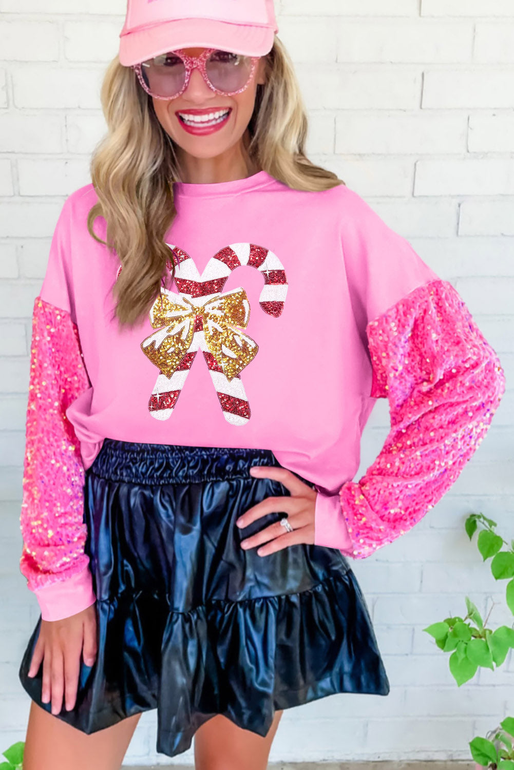 Pink Christmas Pattern Sequin Sleeve Crewneck Sweatshirts Graphic Sweatshirts JT's Designer Fashion