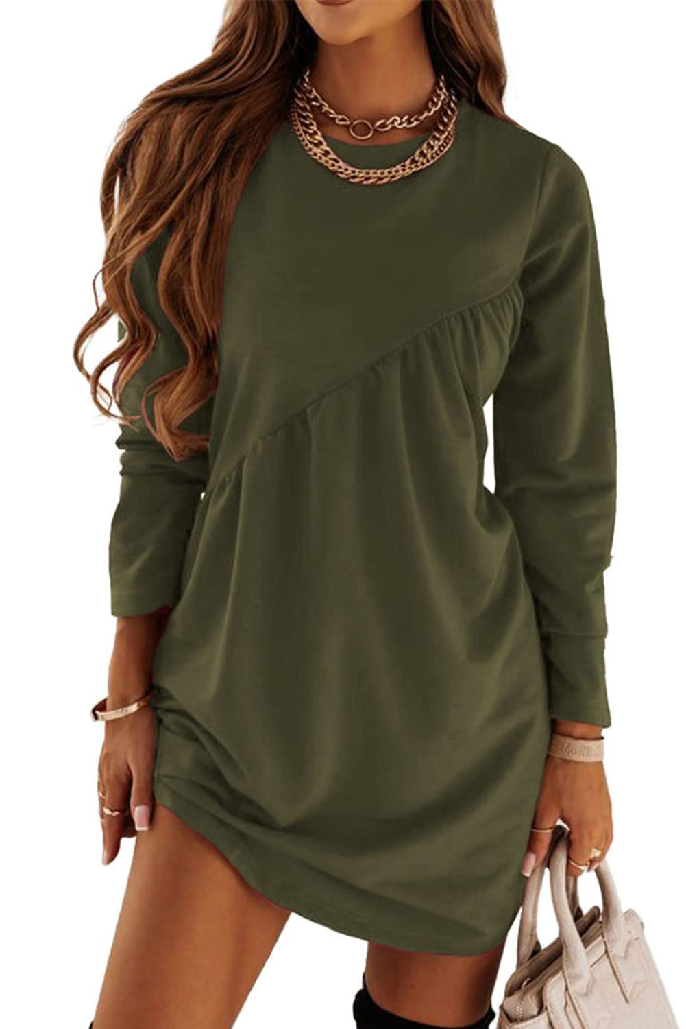 Green Irregular Seam Detail Long Sleeve T-shirt Dress T Shirt Dresses JT's Designer Fashion