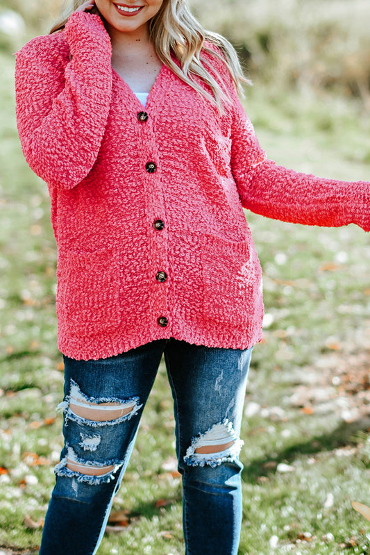 Red Plus Size Popcorn Buttons Cardigan Plus Size Tops JT's Designer Fashion