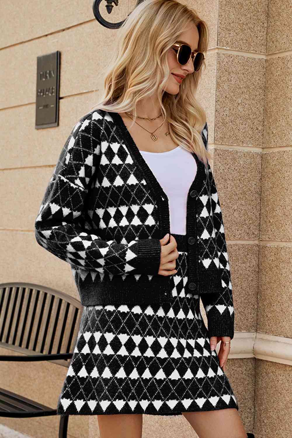 Geometric Dropped Shoulder Cardigan and Knit Skirt Set Sweater Dresses JT's Designer Fashion