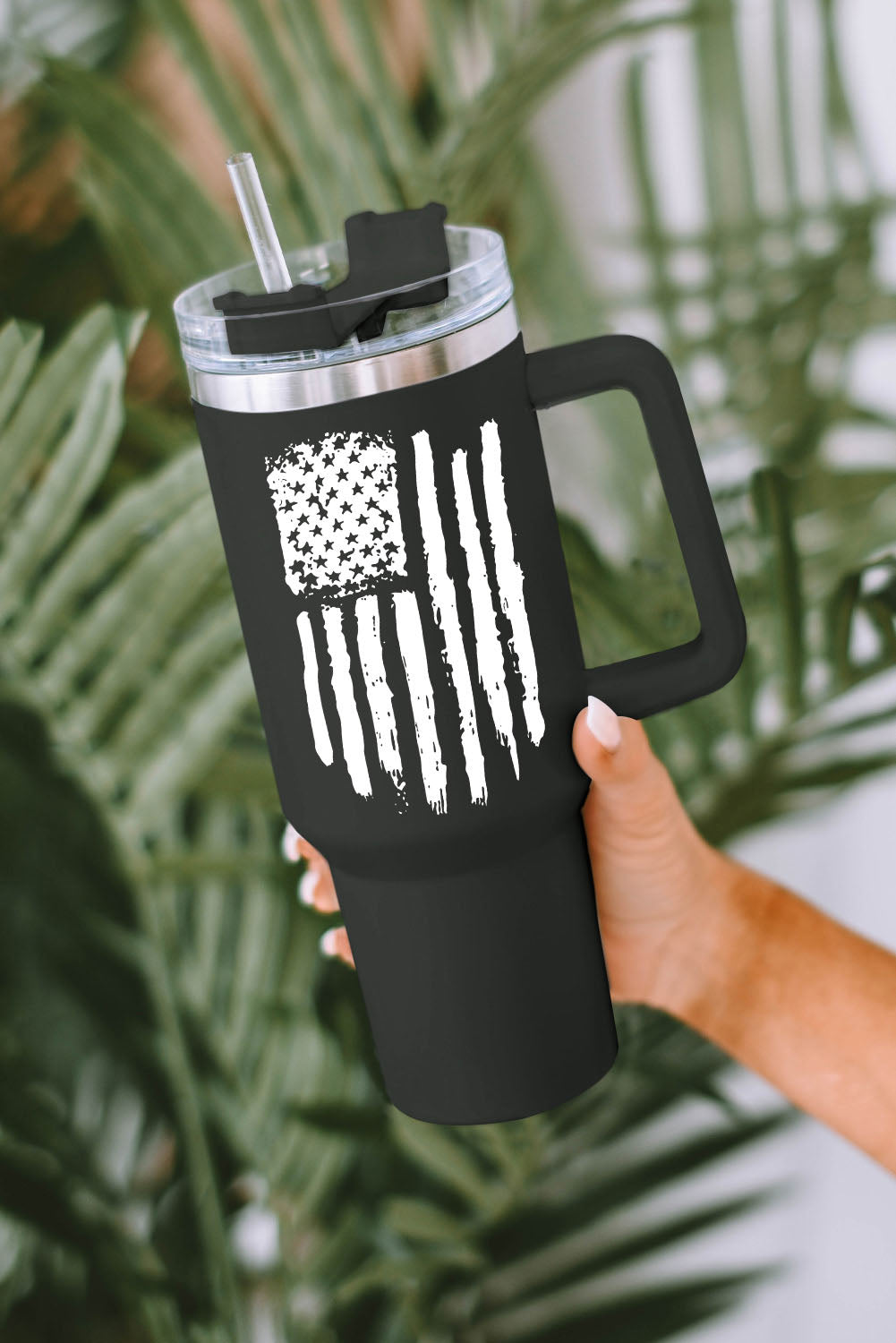 Black American Flag Print Stainless Steel Portable Cup with Handle 40oz Tumblers JT's Designer Fashion