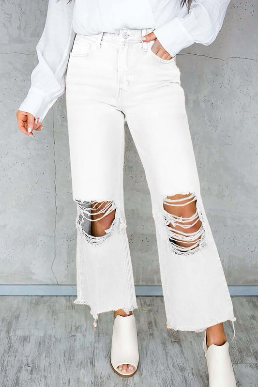 Bright White Distressed Hollow-out High Waist Cropped Flare Jeans Bottoms JT's Designer Fashion