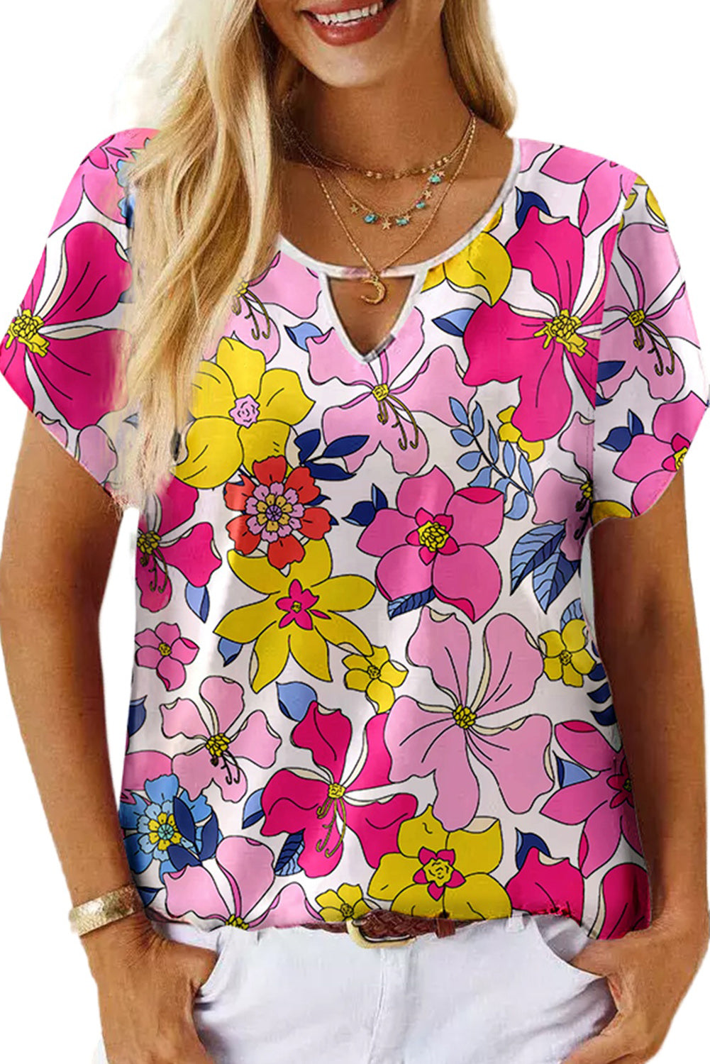 Multicolor Floral Print Cut out Short Sleeve Top Tops & Tees JT's Designer Fashion