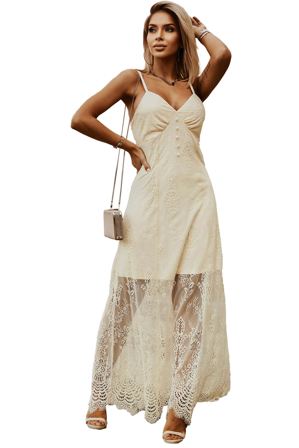 Beige Spaghetti Straps Chemise Lined Lace Maxi Dress Maxi Dresses JT's Designer Fashion