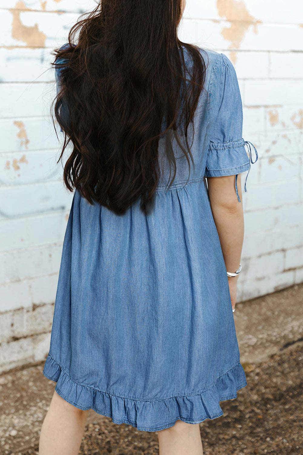 Blue High Waist Ruffled Denim Dress Mini Dresses JT's Designer Fashion