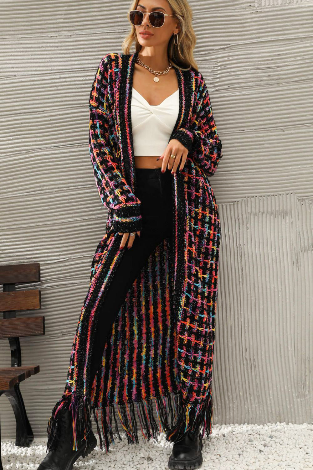 Multicolored Open Front Fringe Hem Cardigan Multi Sweaters & Cardigans JT's Designer Fashion