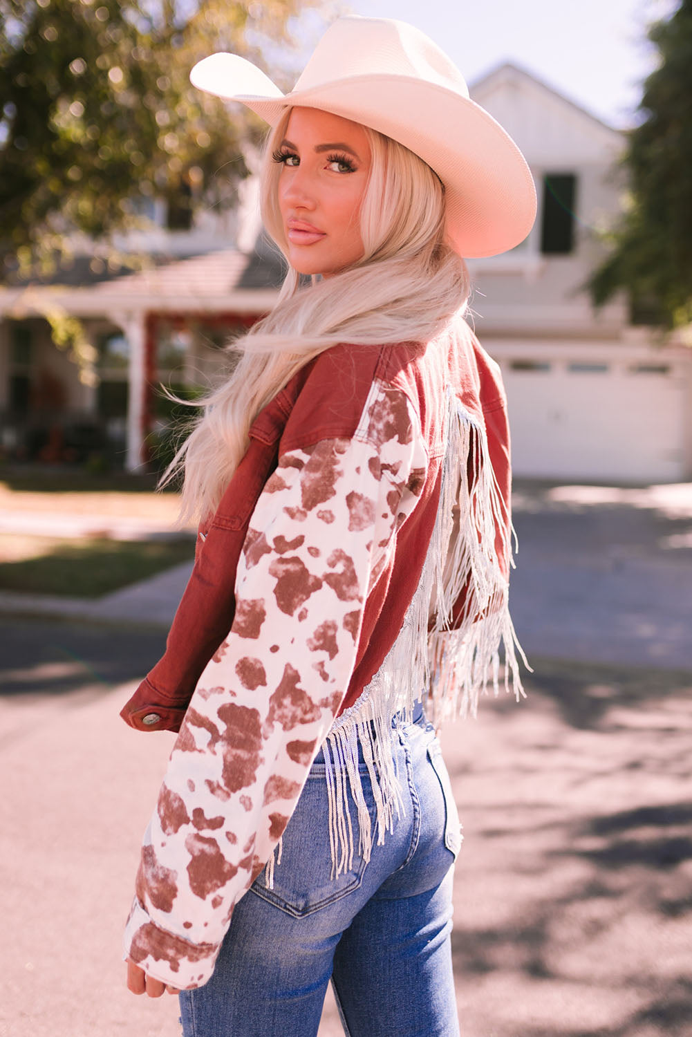 Red Abstract Print Sleeve Split Fringed Back Denim Jacket Denim jackets JT's Designer Fashion