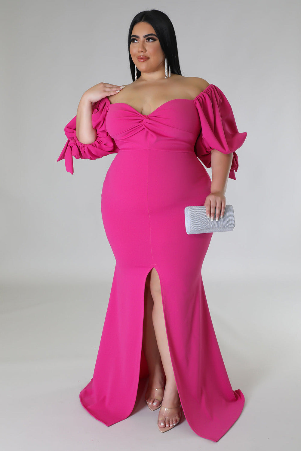 Rose Bow Tie Puff Sleeve Plus Size High Slit Maxi Dress Plus Size JT's Designer Fashion