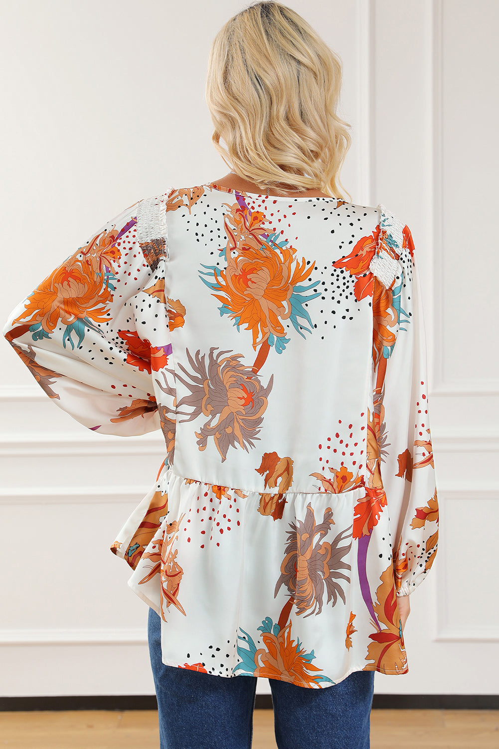 Orange Plus Fall Flower Print Puff Sleeve Babydoll Blouse Plus Size JT's Designer Fashion