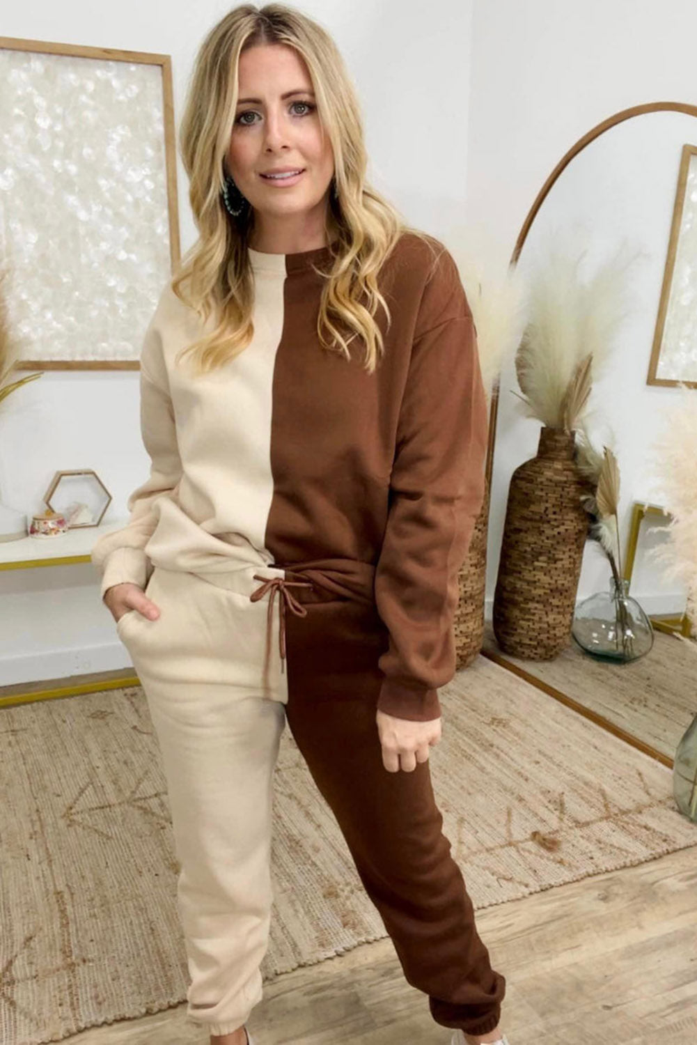 Brown Color Block Sweatshirt and Jogger Plus Size Pajama Set Plus Size JT's Designer Fashion