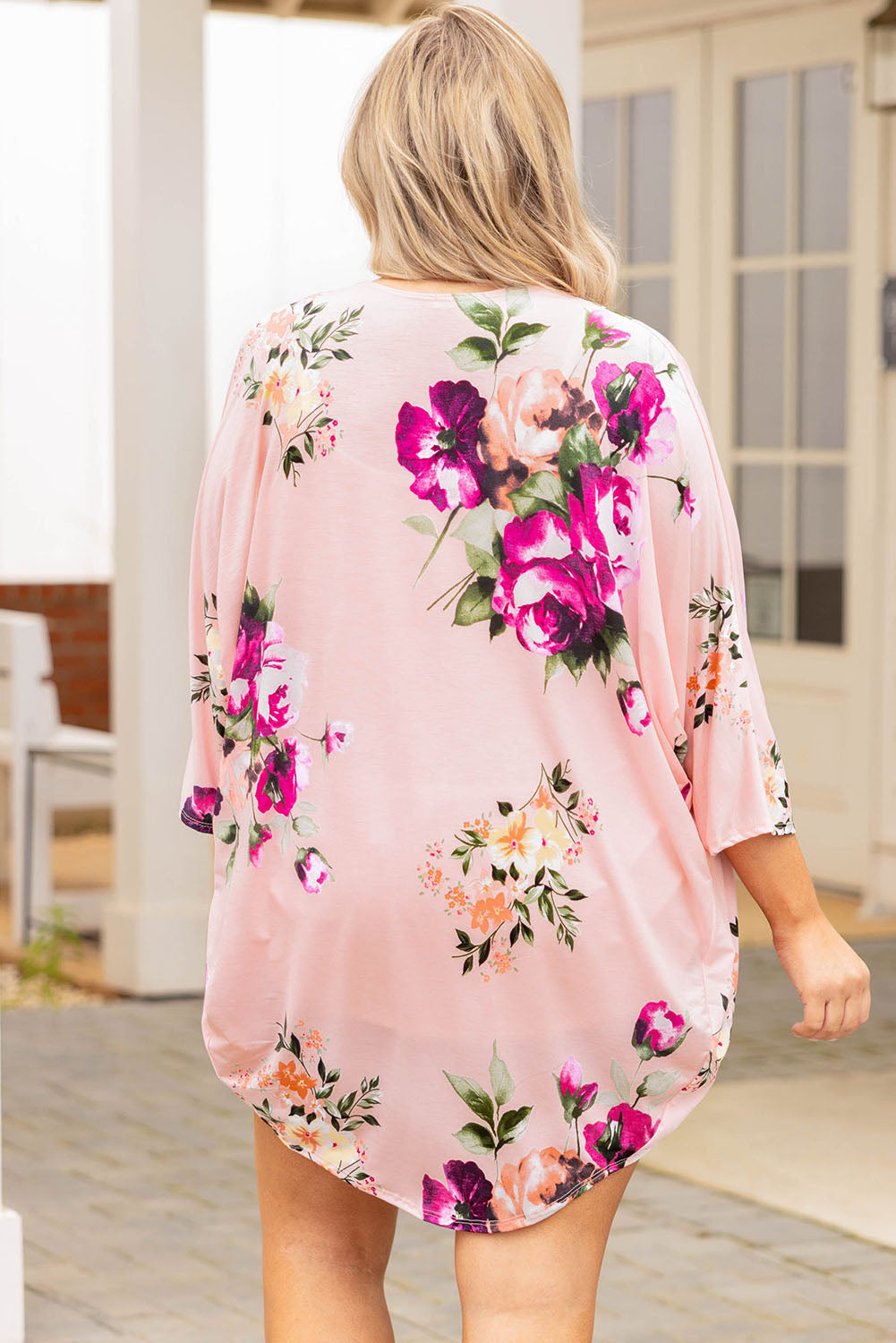 Pink Plus Size Floral Print Kimono Plus Size JT's Designer Fashion