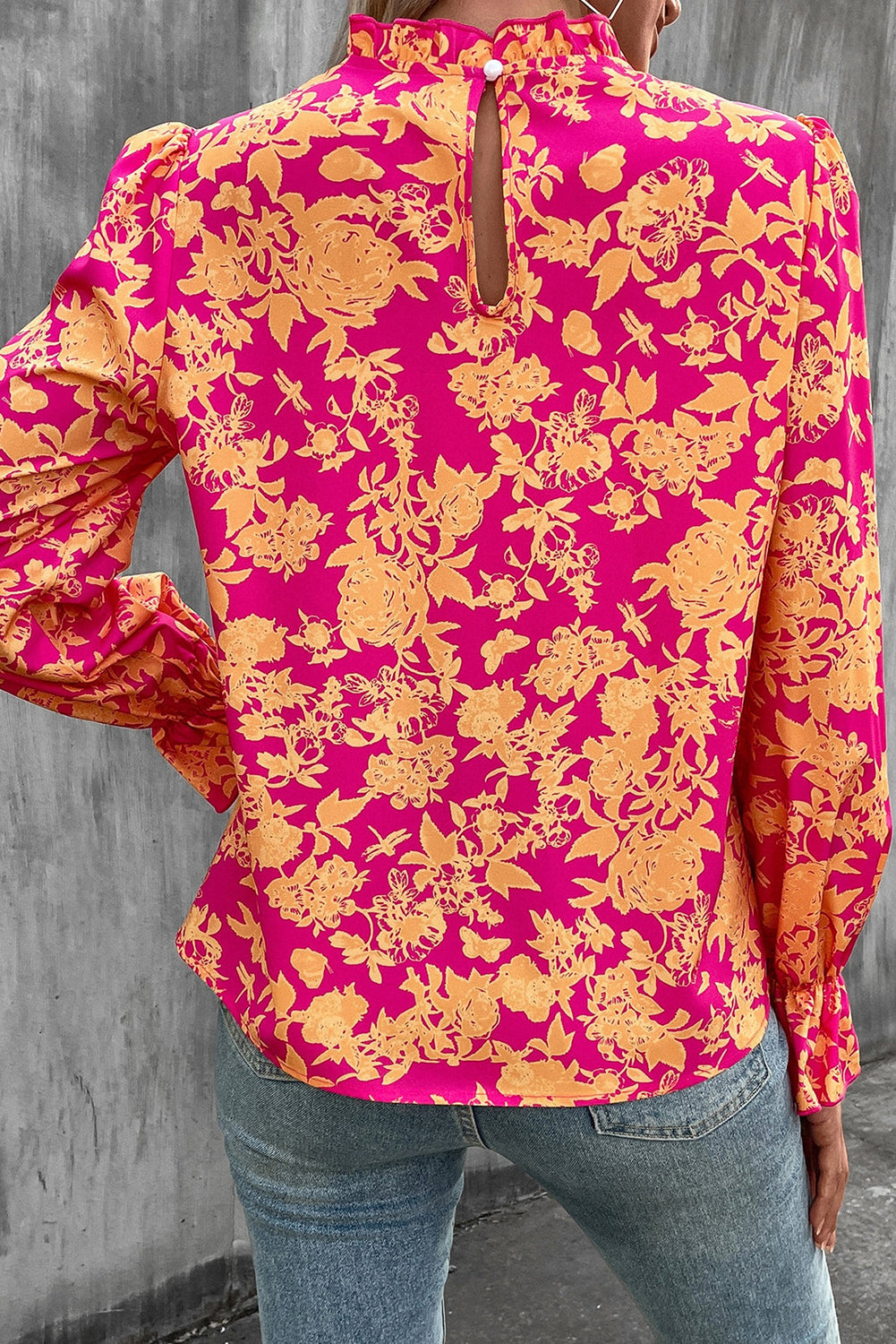 Rose Red Floral Print Frilled Neckline Flounce Sleeve Blouse Tops & Tees JT's Designer Fashion