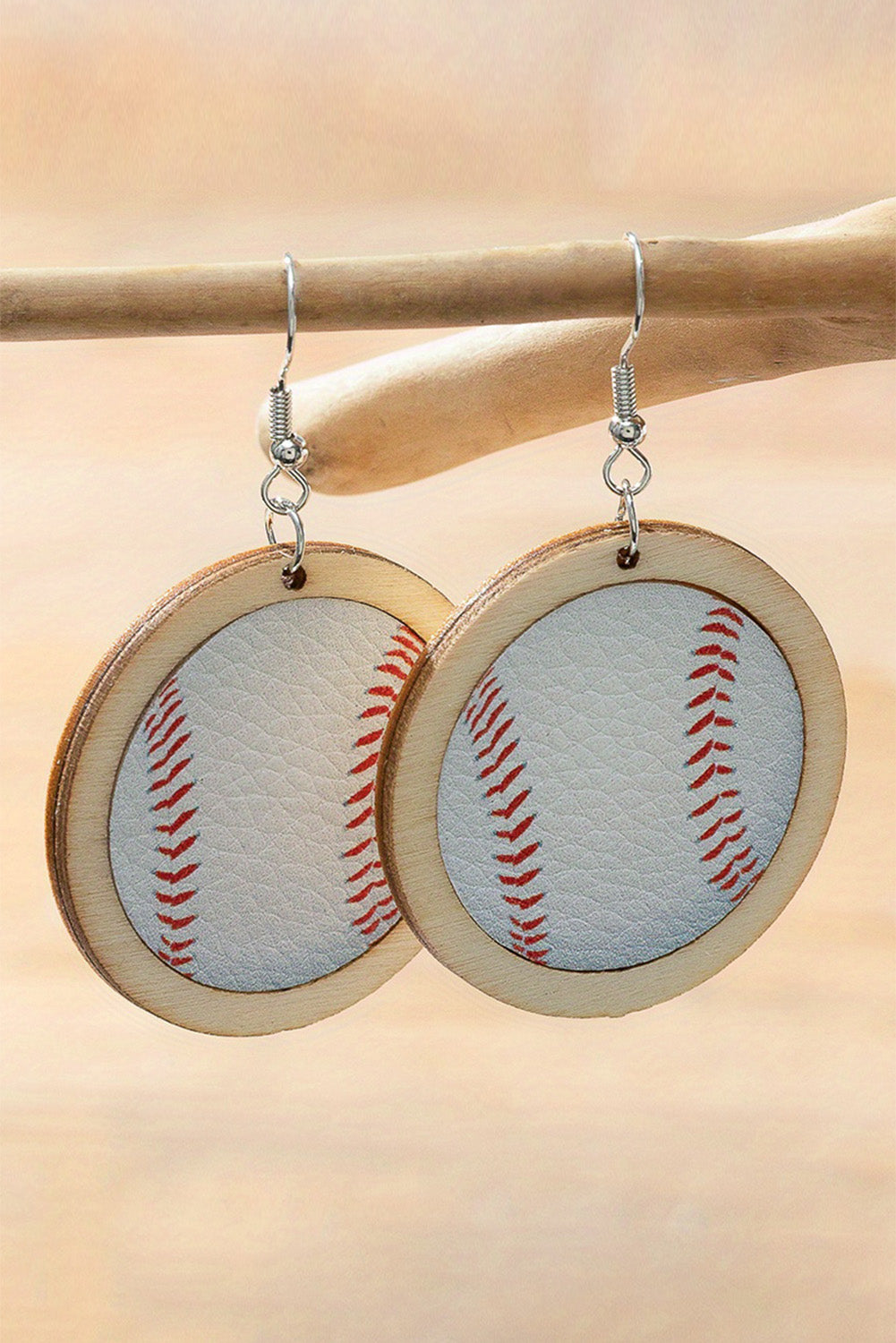 Bright White Wooden Leather Inset Baseball Earrings Jewelry JT's Designer Fashion