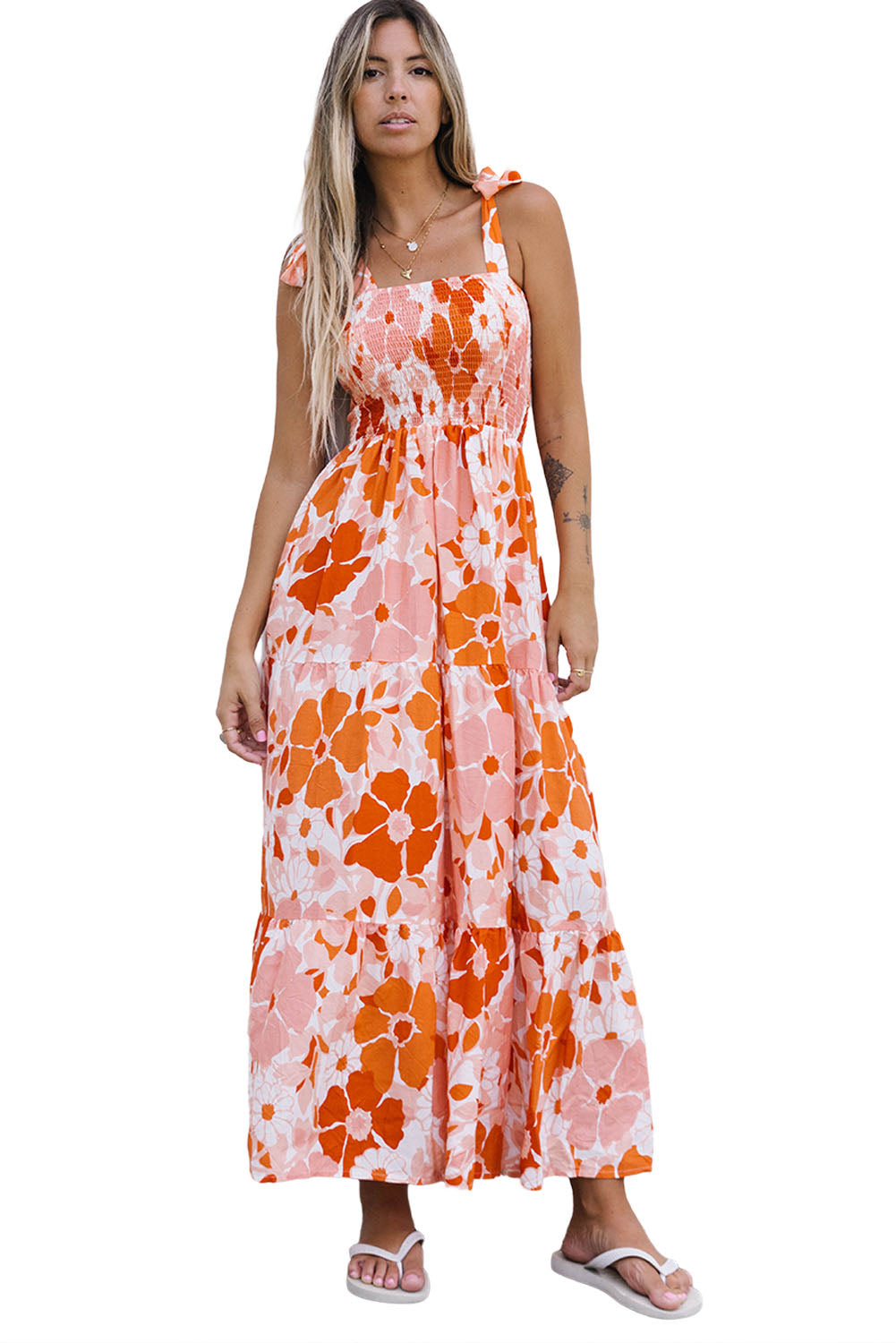 Orange Shirred Lace-up Strap Sleeveless Floral Maxi Dress Maxi Dresses JT's Designer Fashion