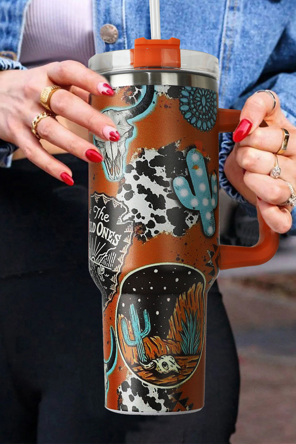 Orange Western Graphic Handled Stainless Tumbler with Straw Tumblers JT's Designer Fashion