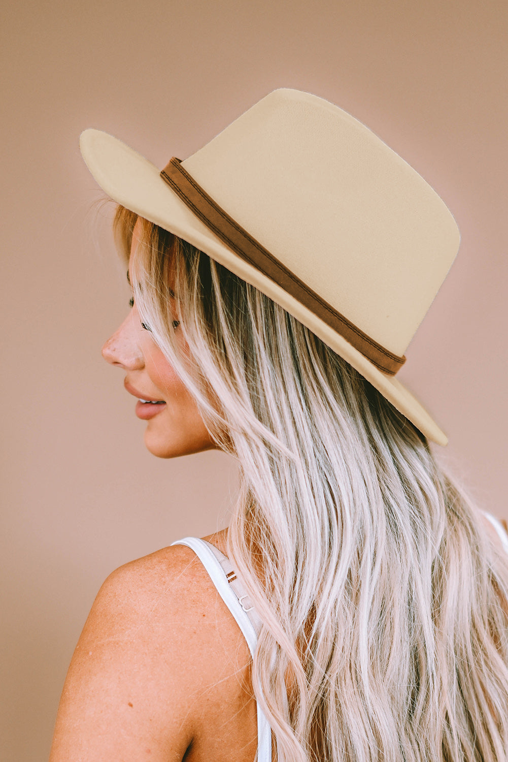 Beige Classic Wide Brim Floppy Fedora Hat Hats & Caps JT's Designer Fashion