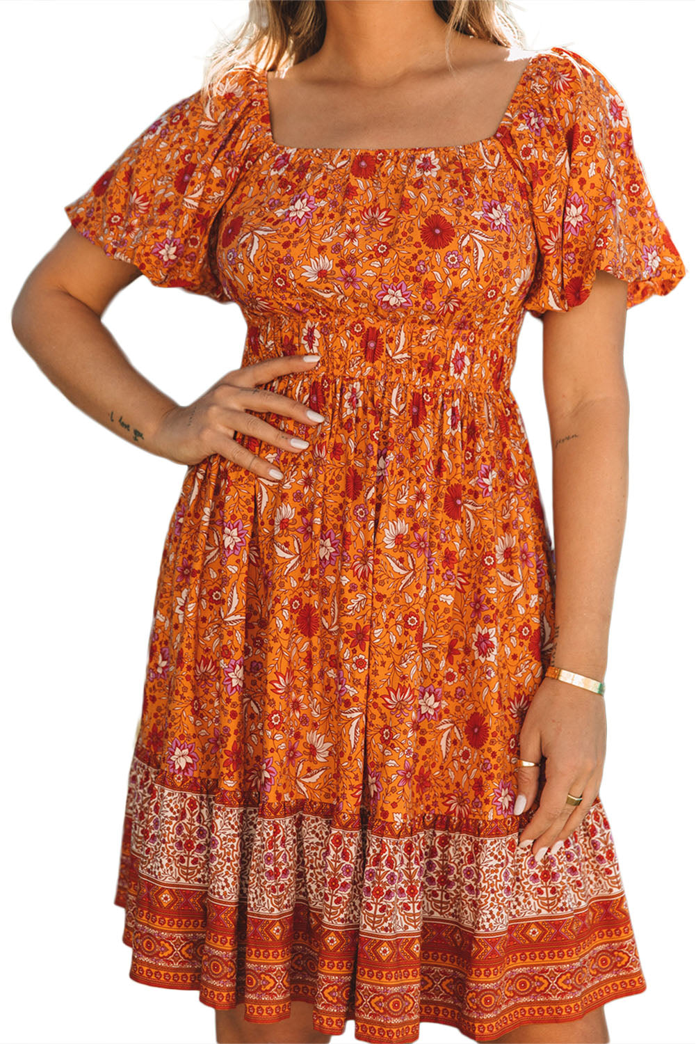 Orange Square Neck Puff Sleeves Flowy Floral Dress Floral Dresses JT's Designer Fashion