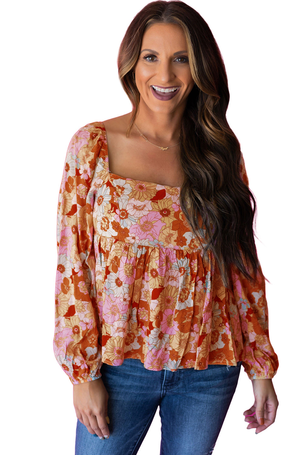 Orange Multicolor Floral Square Neck Puff Sleeve Babydoll Blouse Tops & Tees JT's Designer Fashion