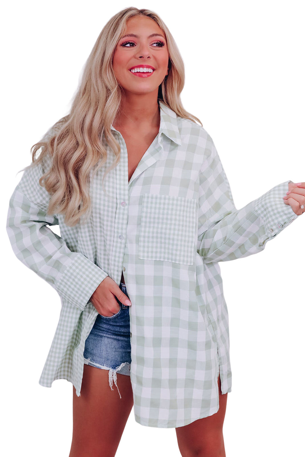 Green Mix Checked Patchwork Long Sleeve Shirt Tops & Tees JT's Designer Fashion