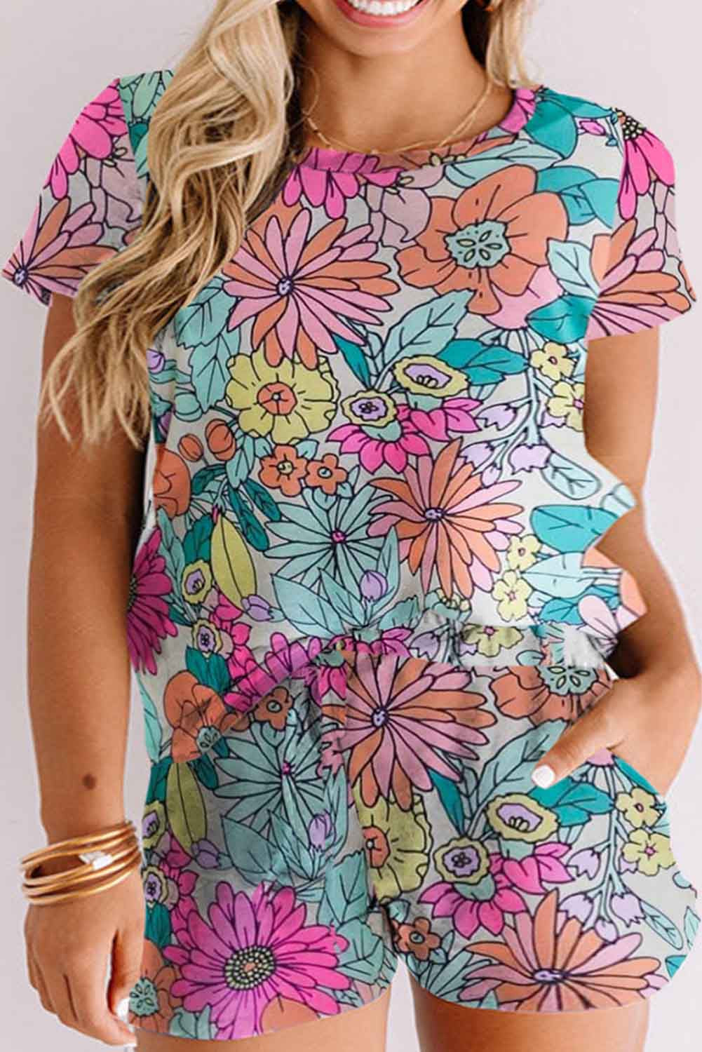 Sky Blue Plus Size Boho Flower Print Tee and Shorts Two-piece Set Plus Size JT's Designer Fashion