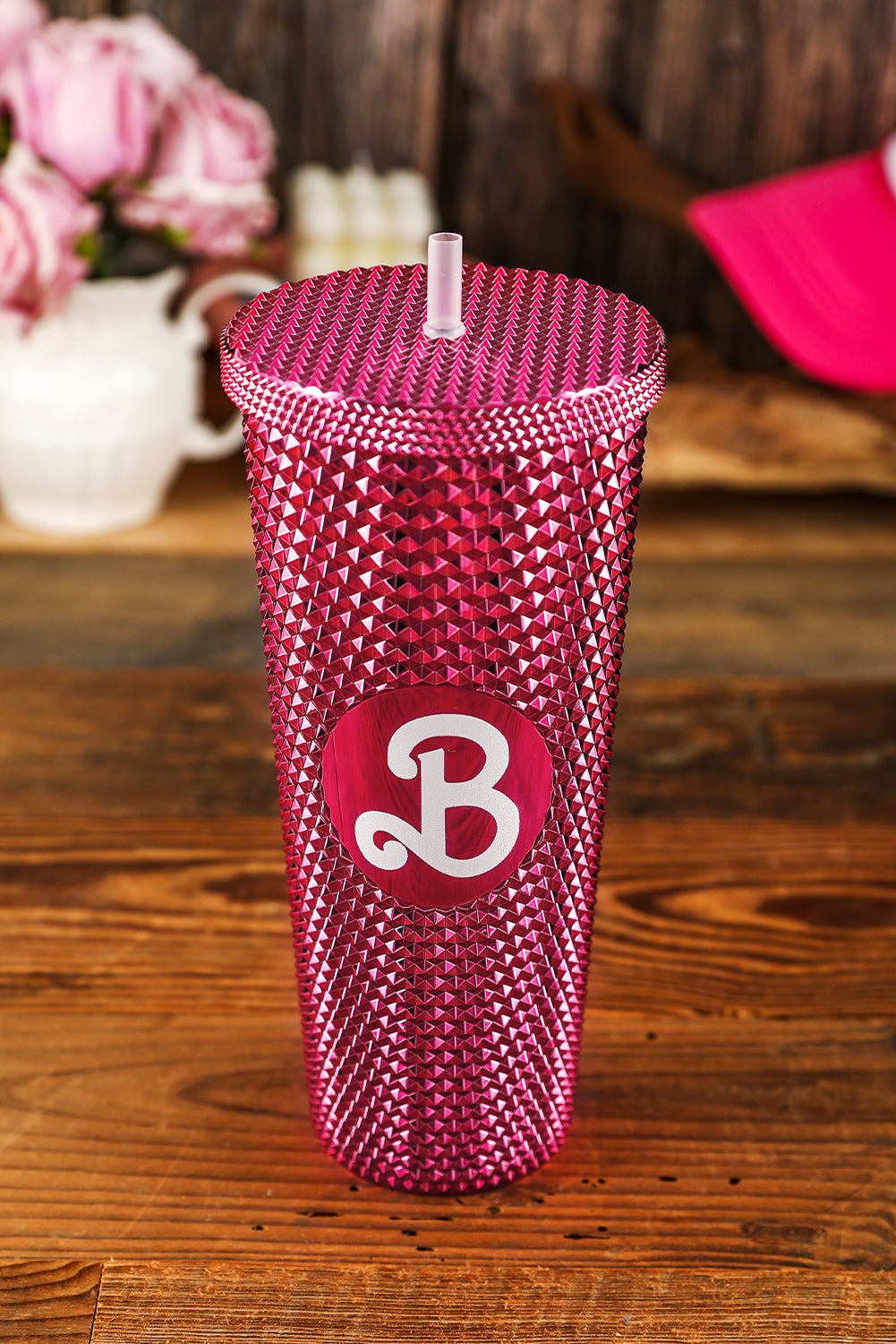 Rose Red Letter B Studded Tumbler with Straw Tumblers JT's Designer Fashion