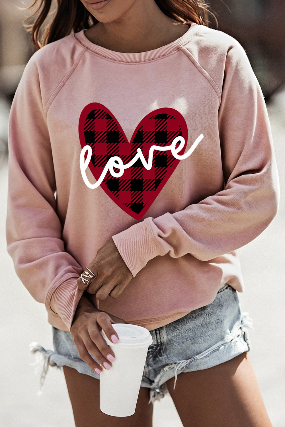 Pink love Heart Shape Plaid Print Raglan Sleeve Sweatshirt Graphic Sweatshirts JT's Designer Fashion