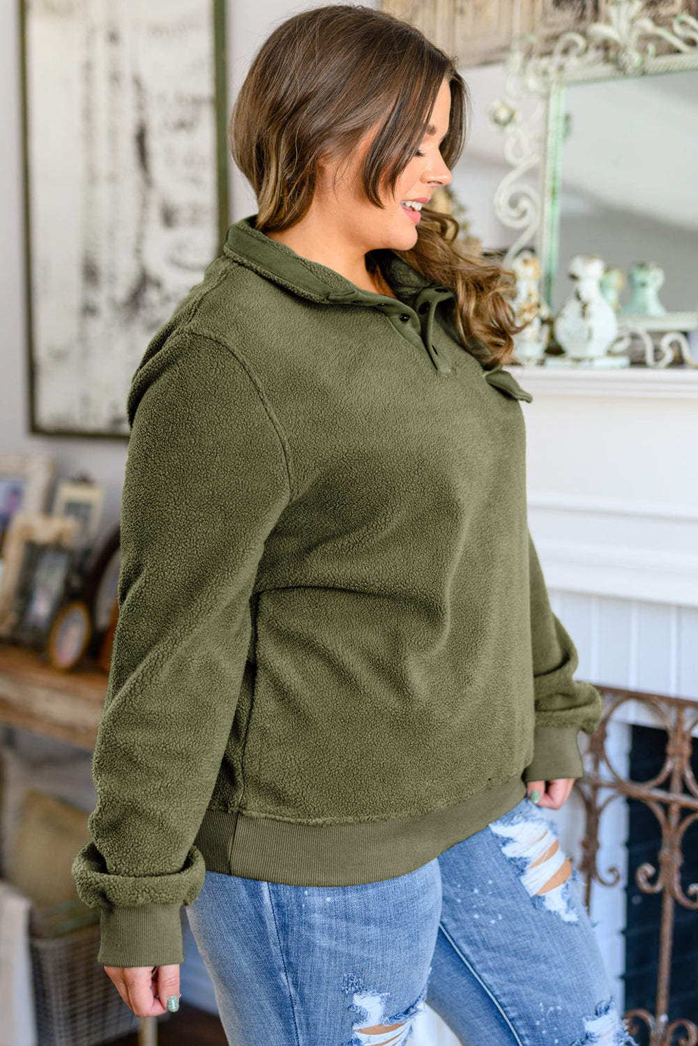 Green Button Split Neck Plus Size Fleece Sweatshirt Plus Size JT's Designer Fashion