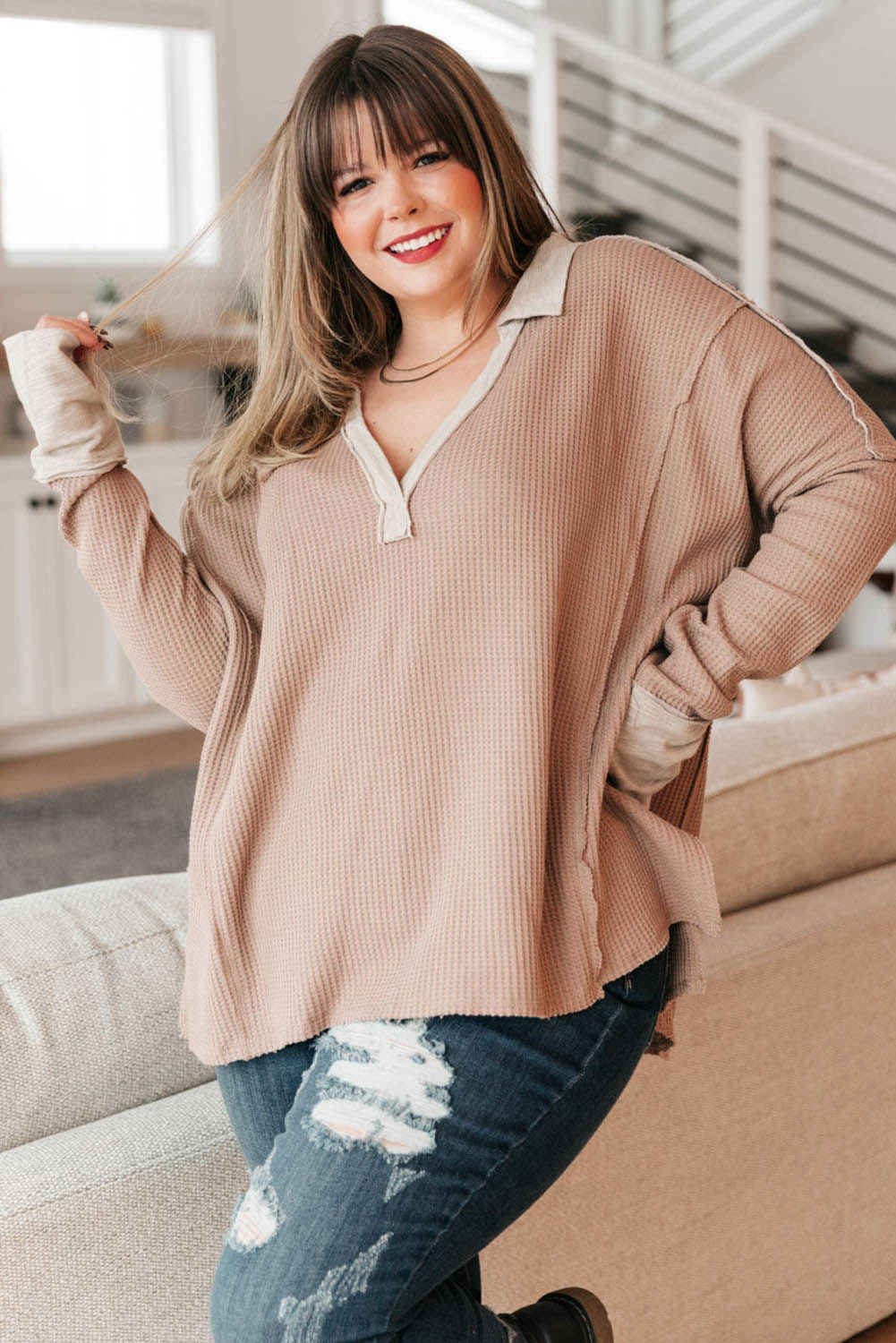 Apricot Plus Size Waffle Knit Splicing Long Sleeve Top Plus Size JT's Designer Fashion