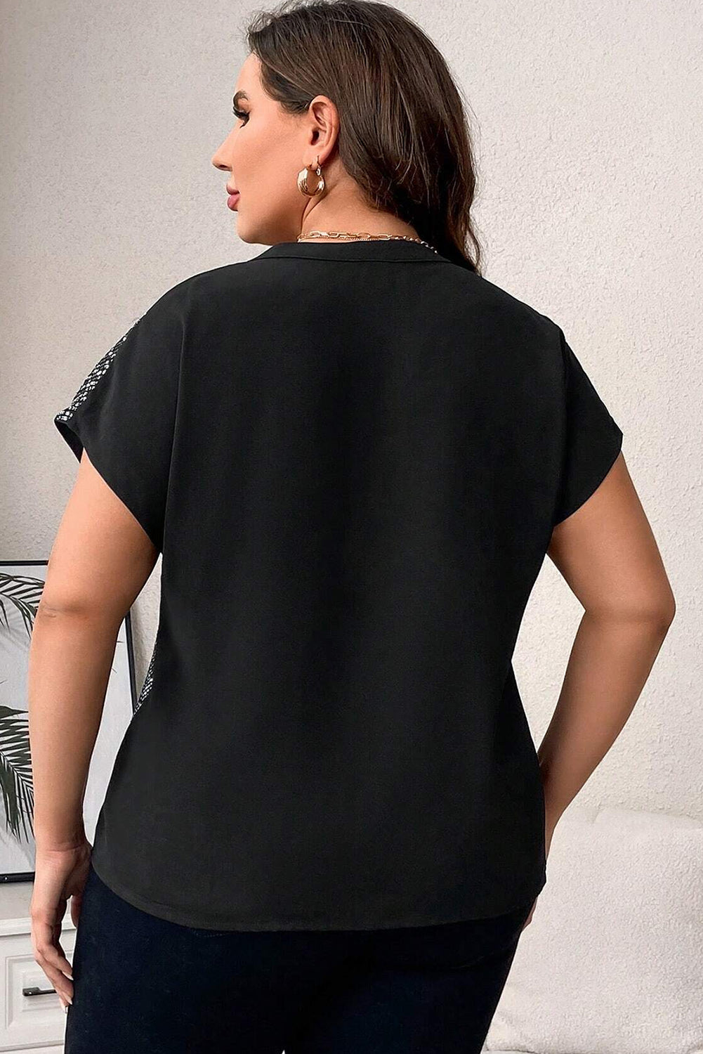 Black Split V Neck Contrast Half Sequin Plus Size Tee Plus Size JT's Designer Fashion