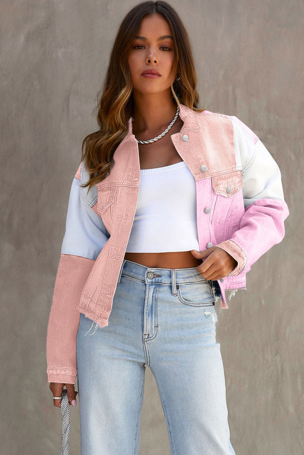 Pirouette Color Block Denim Patchwork Frayed Hem Jacket Denim jackets JT's Designer Fashion