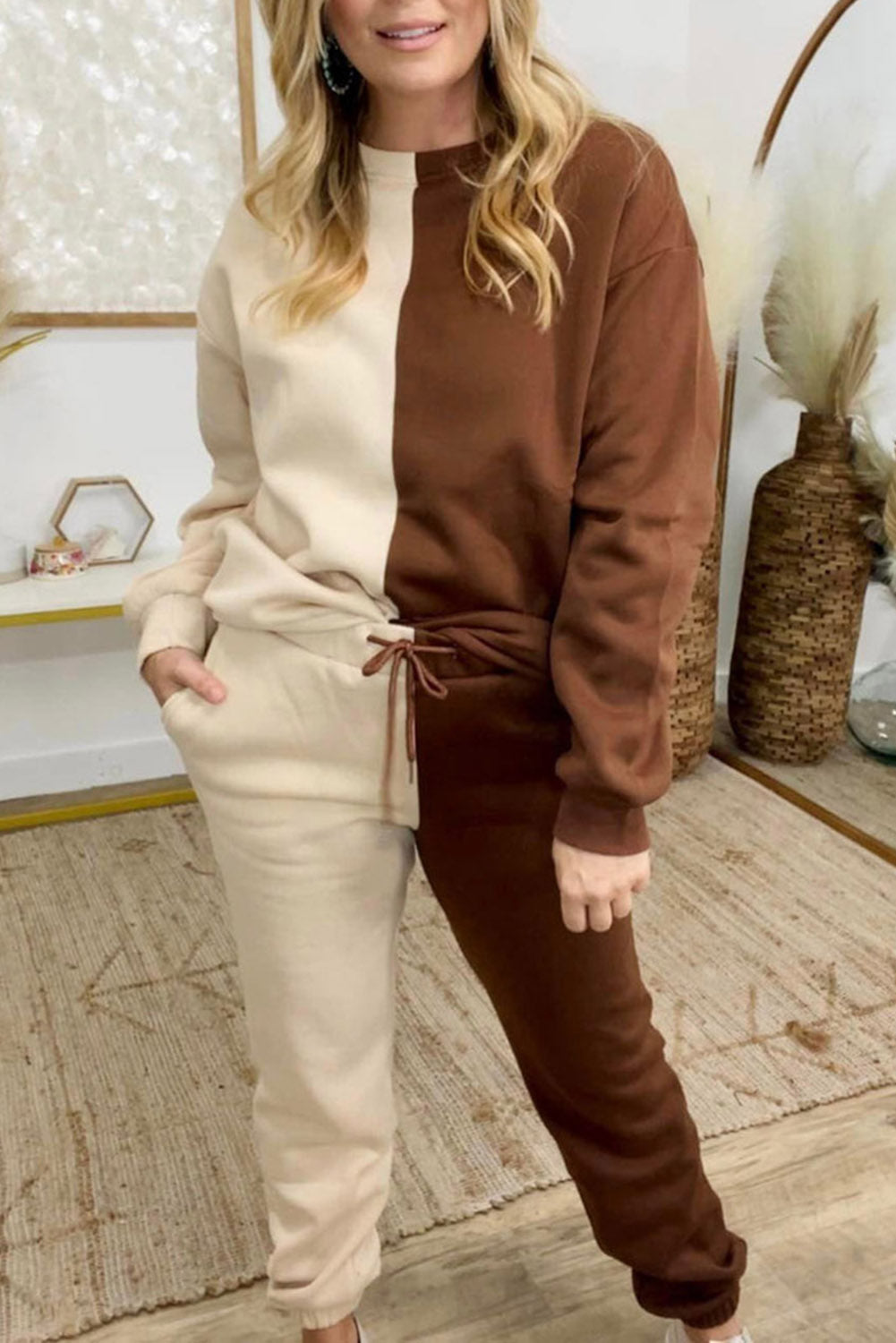 Brown Color Block Sweatshirt and Jogger Plus Size Pajama Set Plus Size JT's Designer Fashion