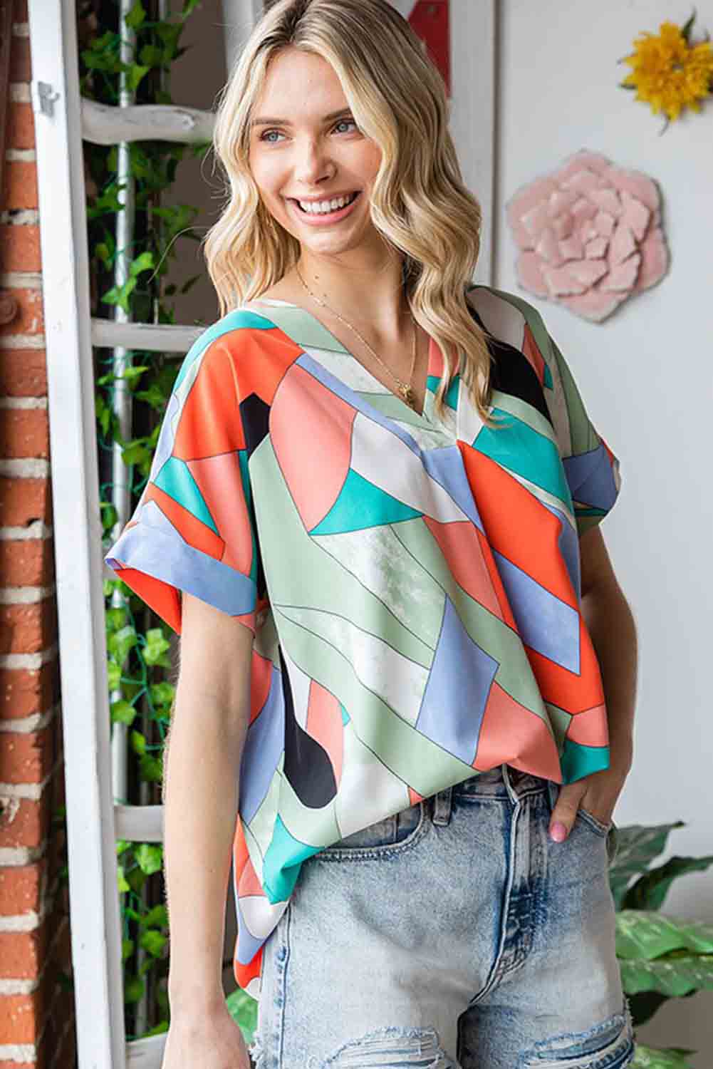 Multicolor Irregular Color Block Printed Short Sleeve Blouse Tops & Tees JT's Designer Fashion