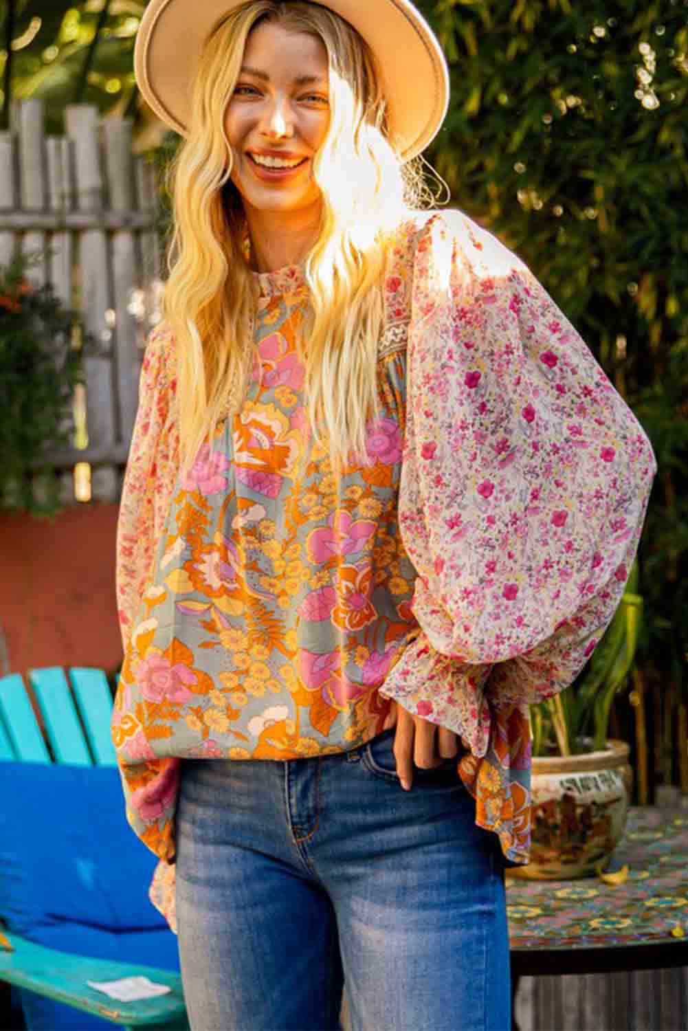 Multicolor Lace Trim Contrast Floral Long Puff Sleeve Blouse Tops & Tees JT's Designer Fashion