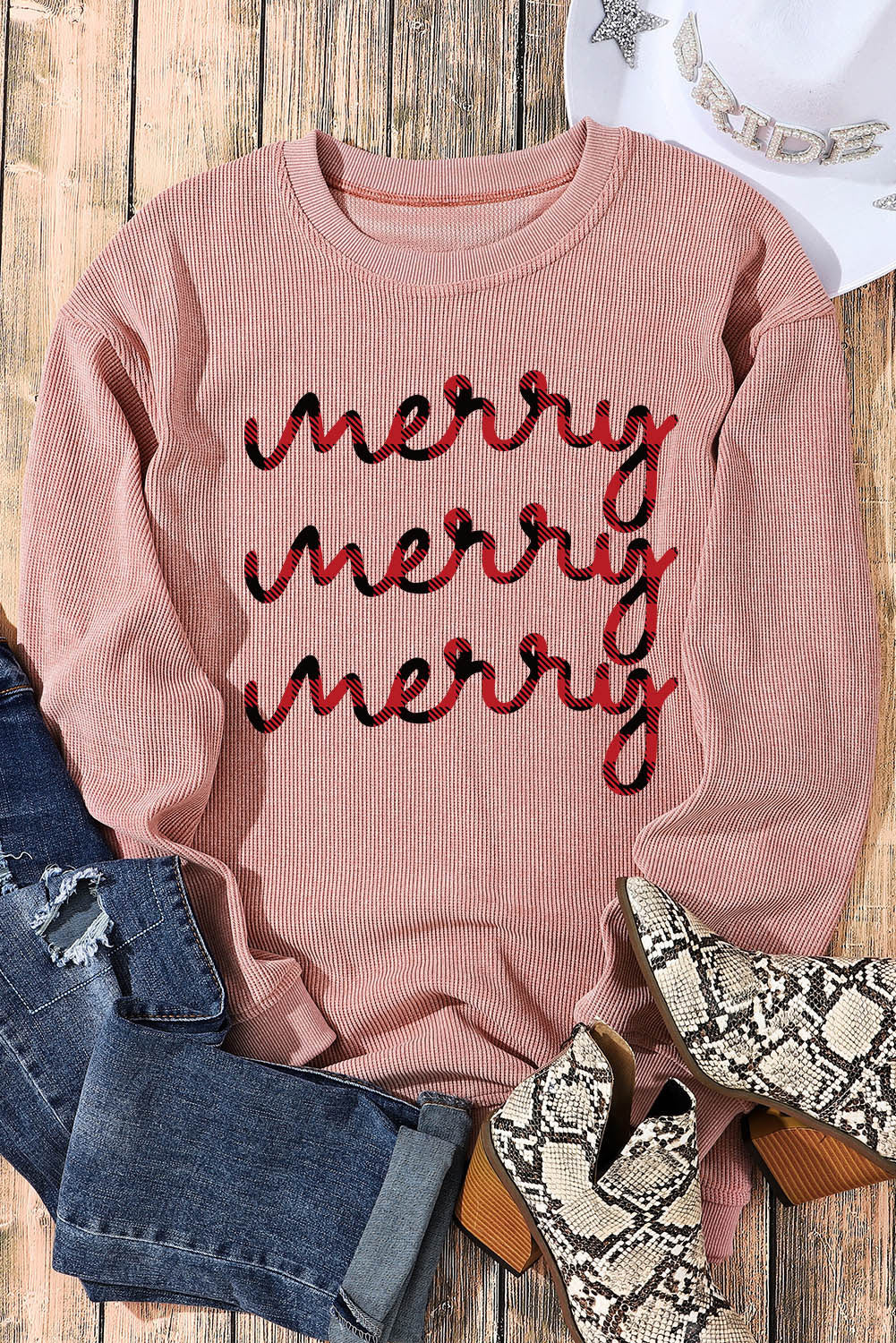 Pink Corded Drop Shoulder merry Graphic Sweatshirt Graphic Sweatshirts JT's Designer Fashion