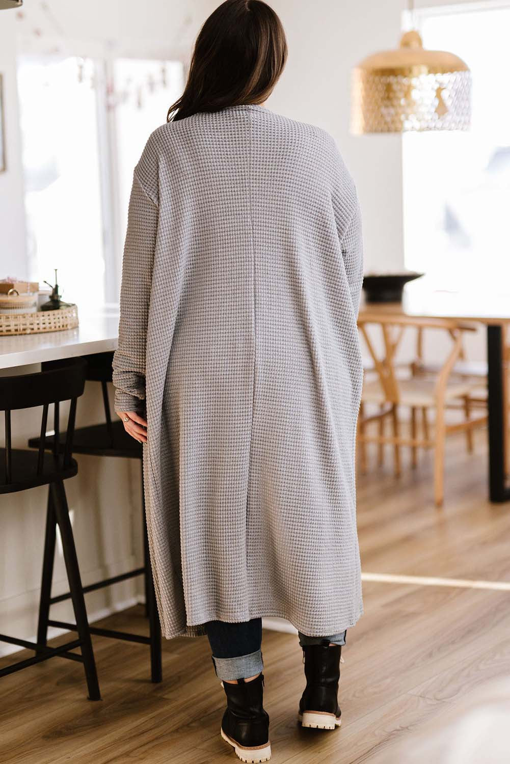 Gray Plus Size Waffle Knit Pocketed Long Cardigan Plus Size JT's Designer Fashion