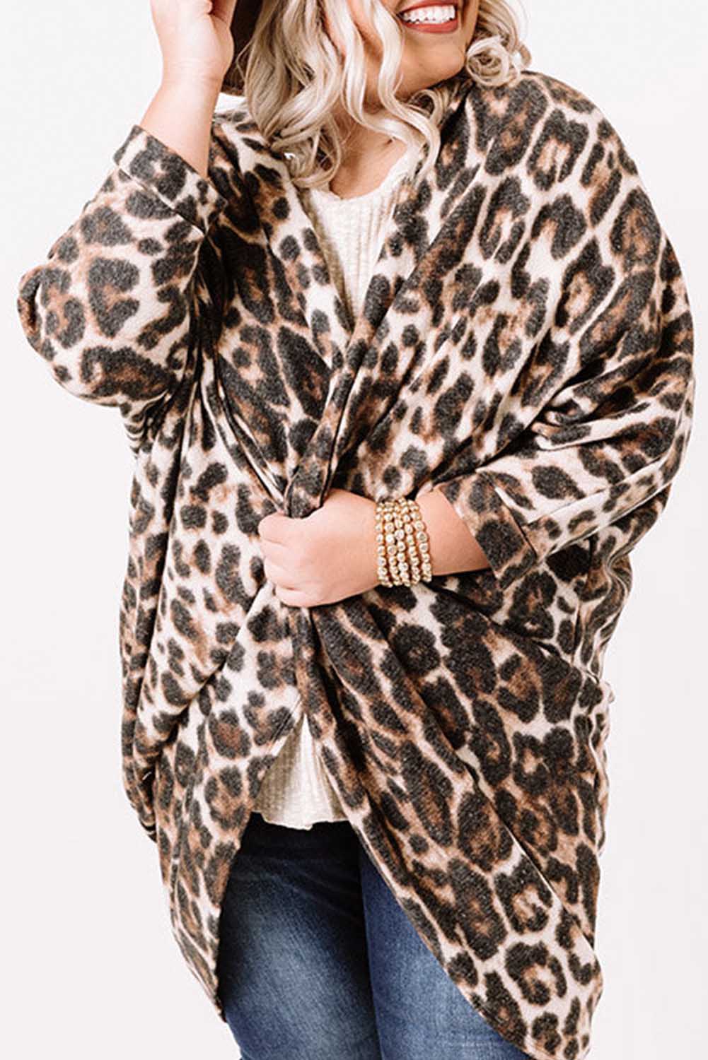 Leopard Plus Size Draped Open Front Cardigan Plus Size JT's Designer Fashion