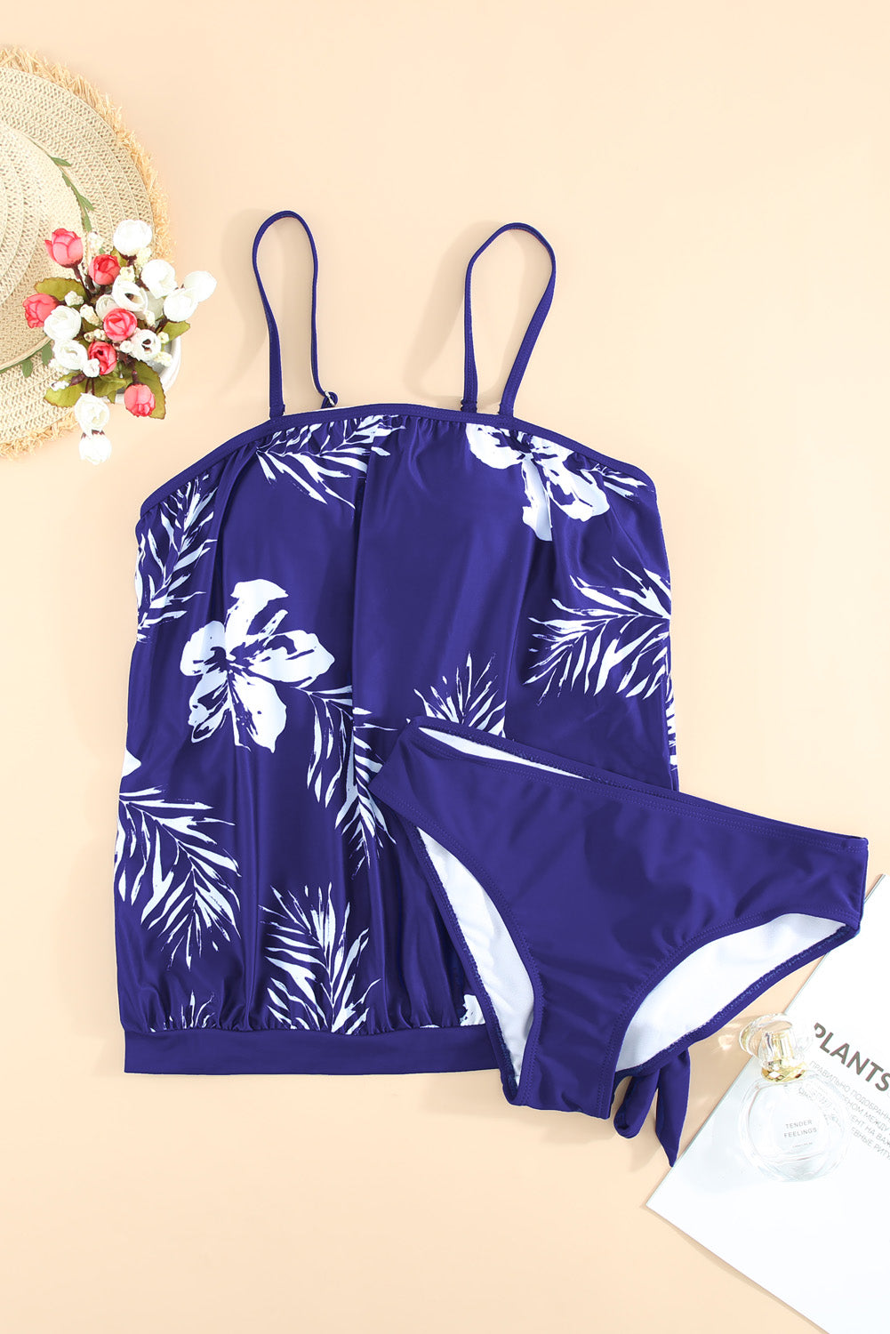 Blue Floral Pattern Strapless Tankini Set Tankinis JT's Designer Fashion