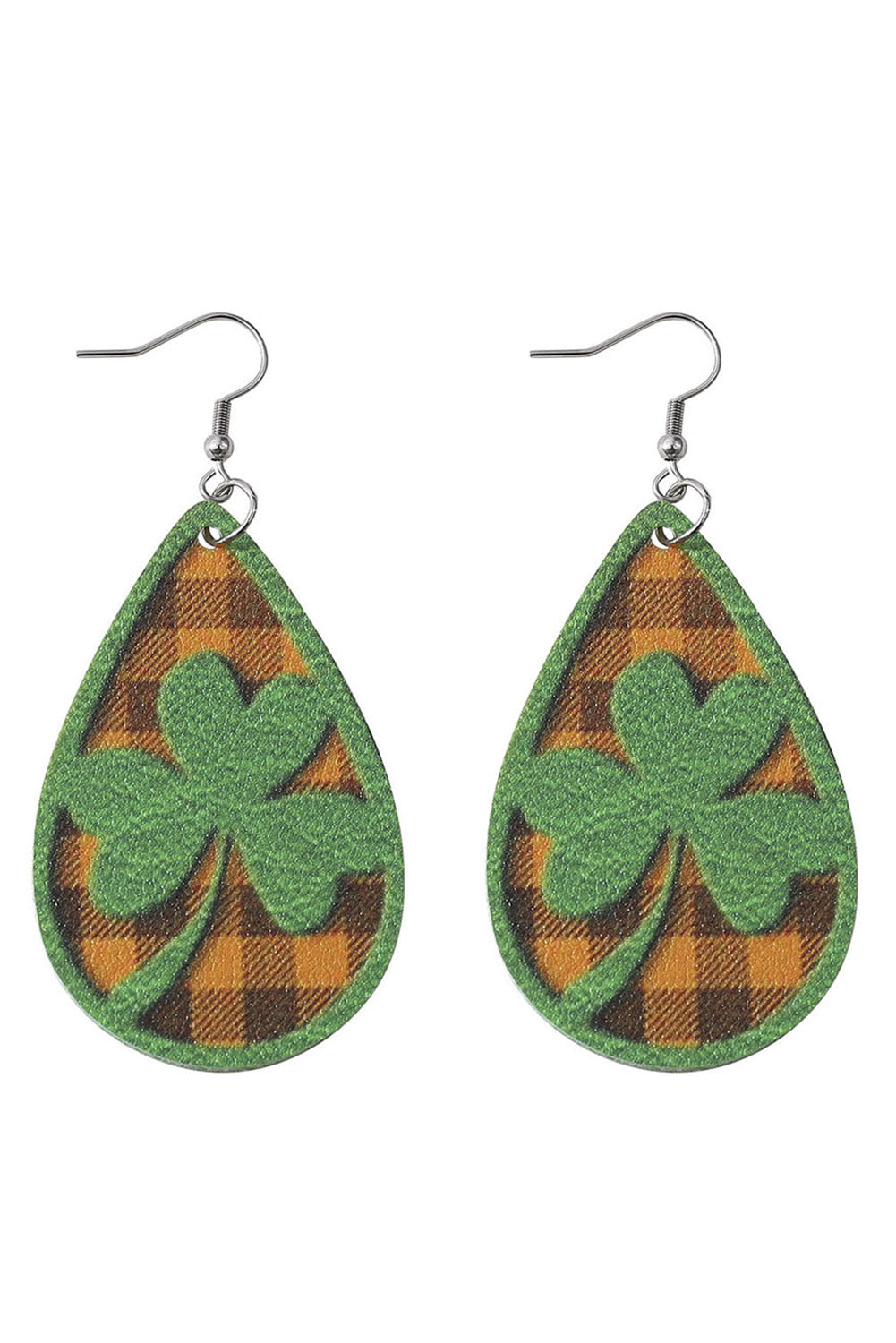 Green St Patrick Clover Emboss Plaid Drop Earrings Jewelry JT's Designer Fashion