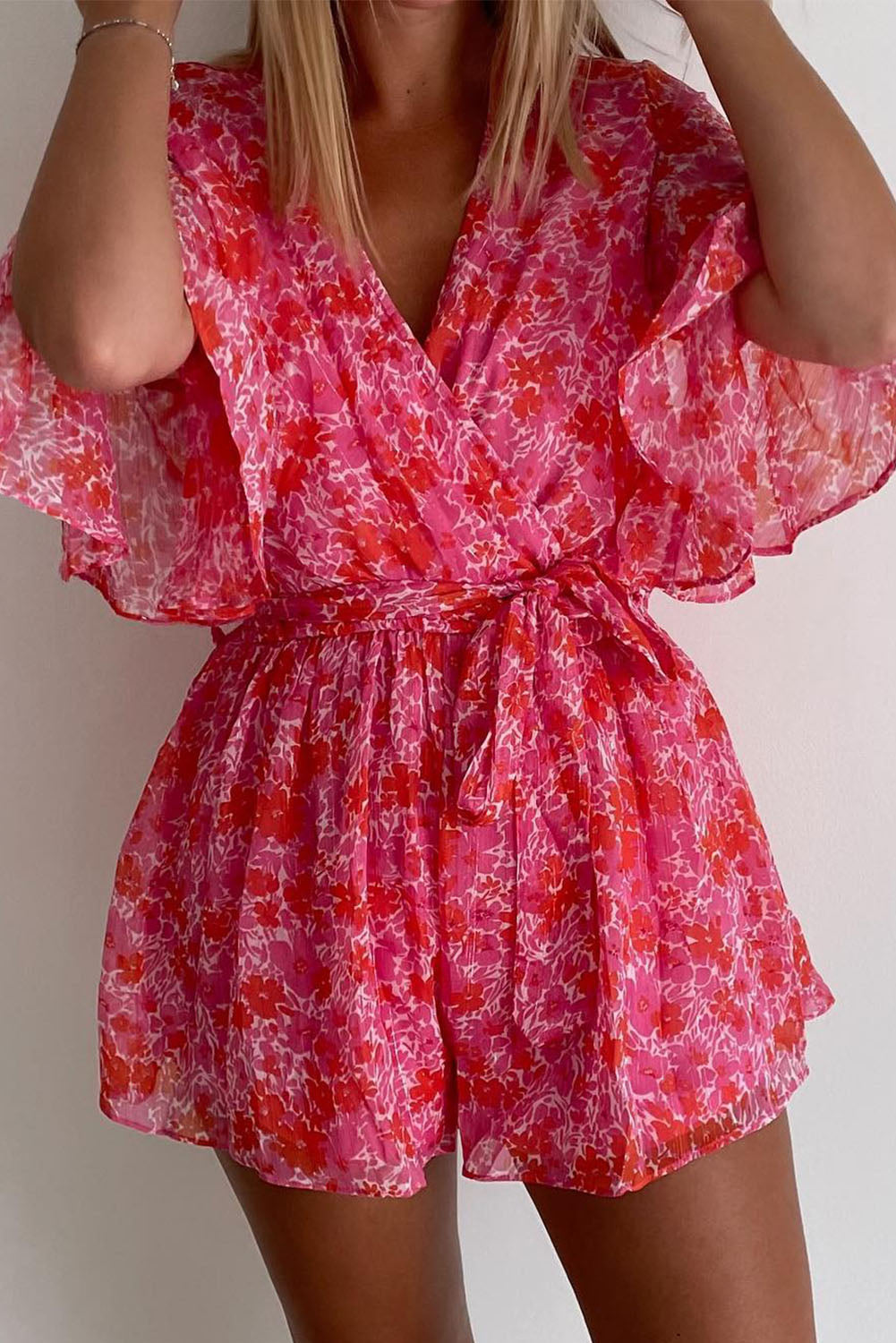 Pink V Neck Ruffled Sleeve Floral Romper Jumpsuits & Rompers JT's Designer Fashion