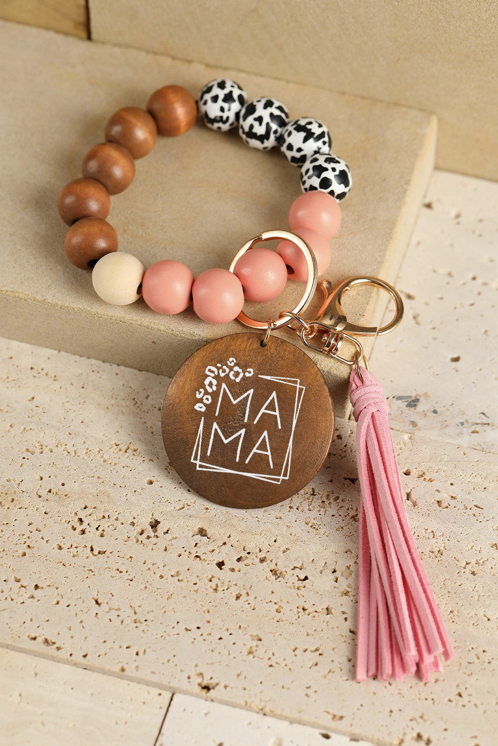 Pink MAMA Wood Pendant Leopard Fringe Keychain Other Accessories JT's Designer Fashion