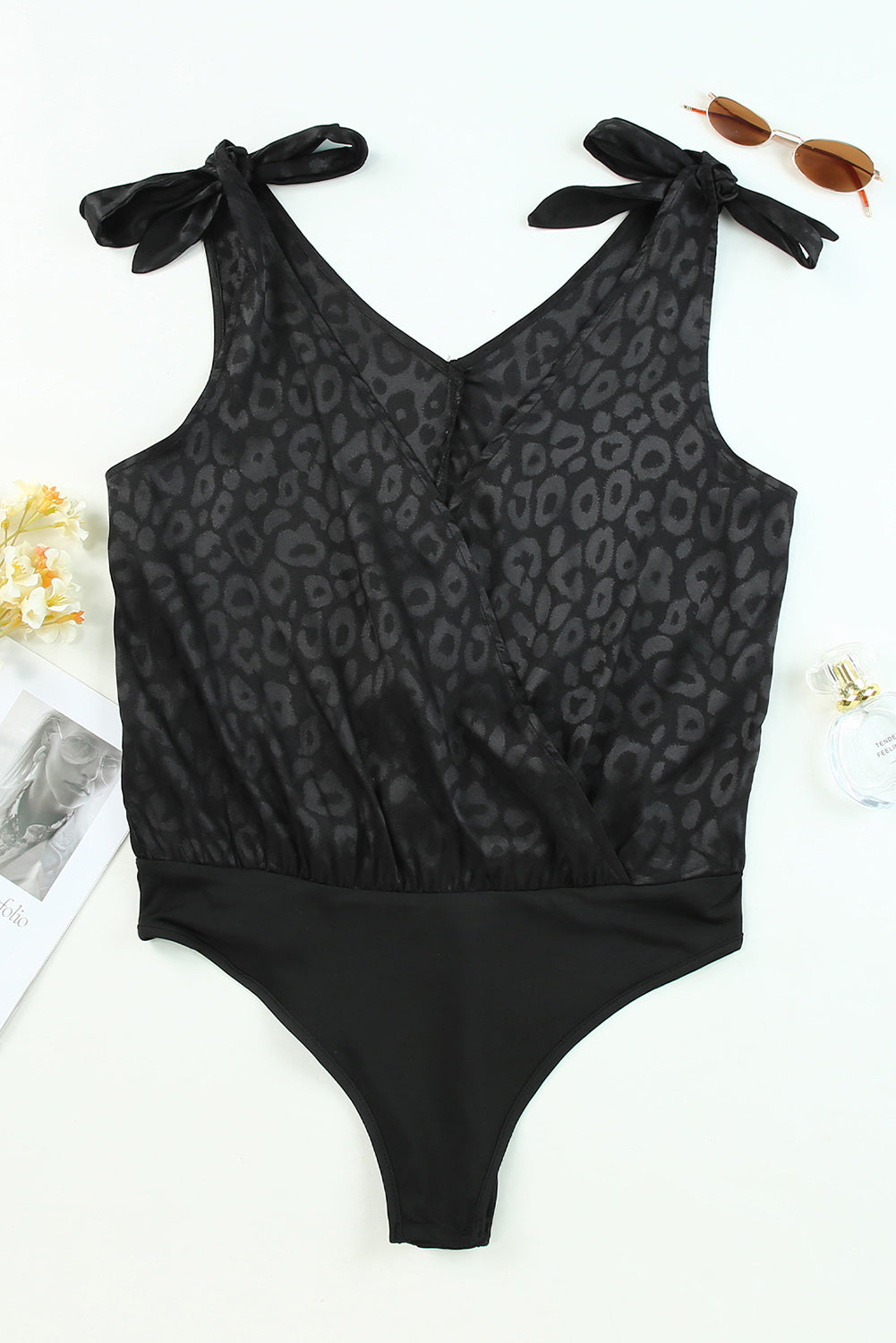 Black Satin Leopard Print Tie Shoulder V Neck Bodysuit Bodysuits JT's Designer Fashion