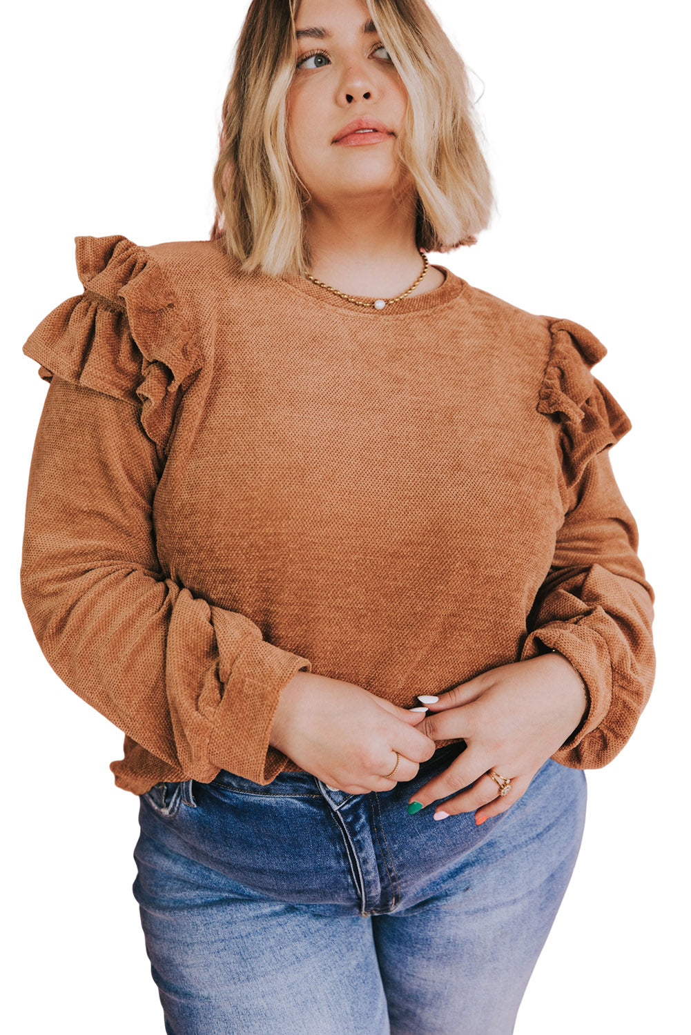 Brown Plus Size Ruffled Long Sleeve Top Plus Size JT's Designer Fashion