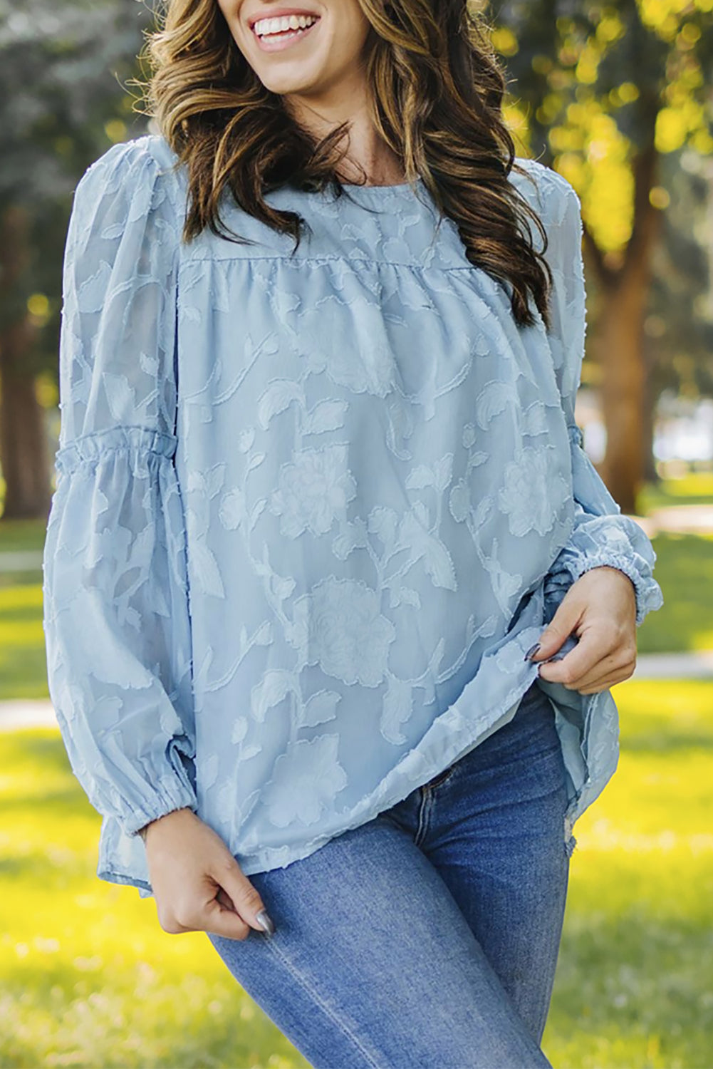 Blue Textured Ruffle Lantern Sleeve Babydoll Blouse Blouses & Shirts JT's Designer Fashion