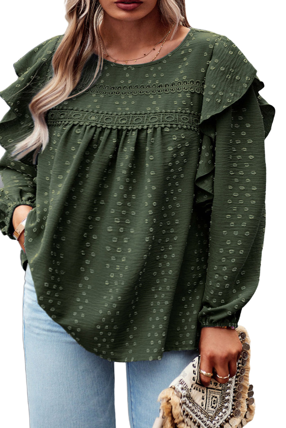 Mist Green Plus Lace Dotty Embellished Ruffle Long Sleeve Top Plus Size JT's Designer Fashion