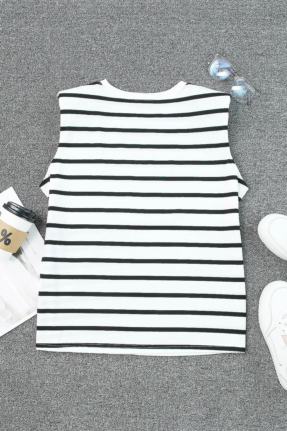 White Striped Print Shoulder Pads Boxy Tank Top Tank Tops JT's Designer Fashion